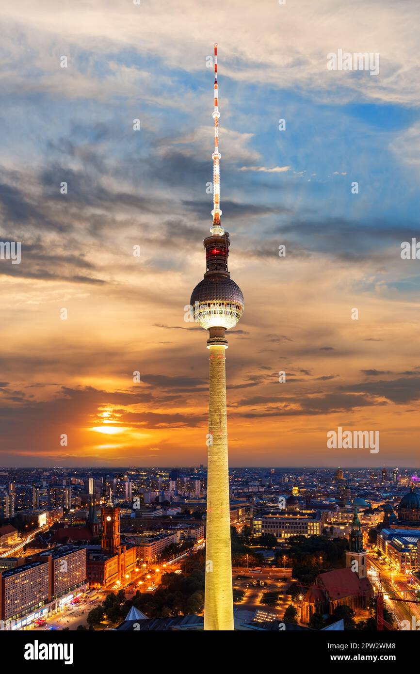 Aerial skyline panorama of Berlin city enlighted at night, Germany. Stock Photo