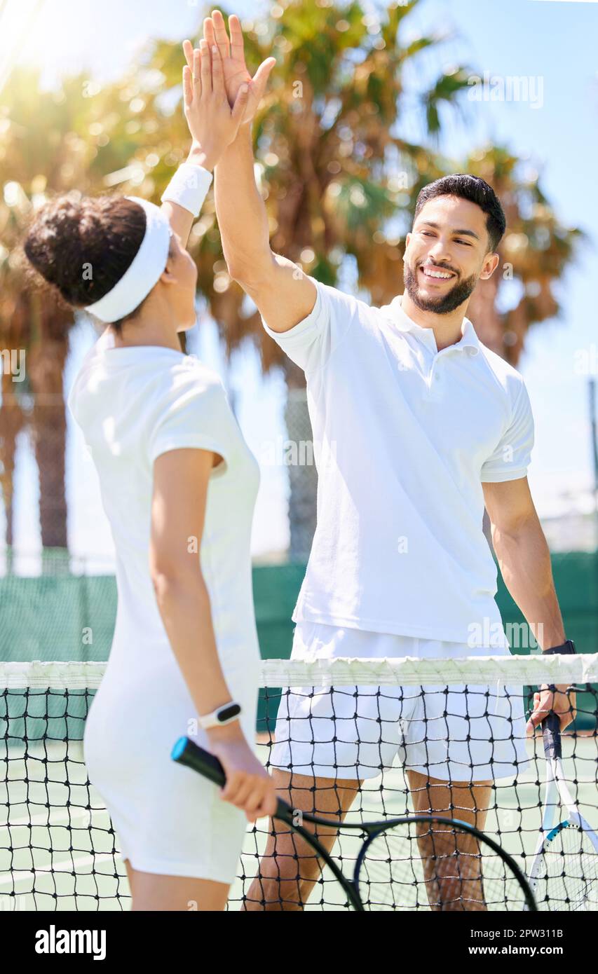 Tennis, friends and high five for sports game, exercise or workout