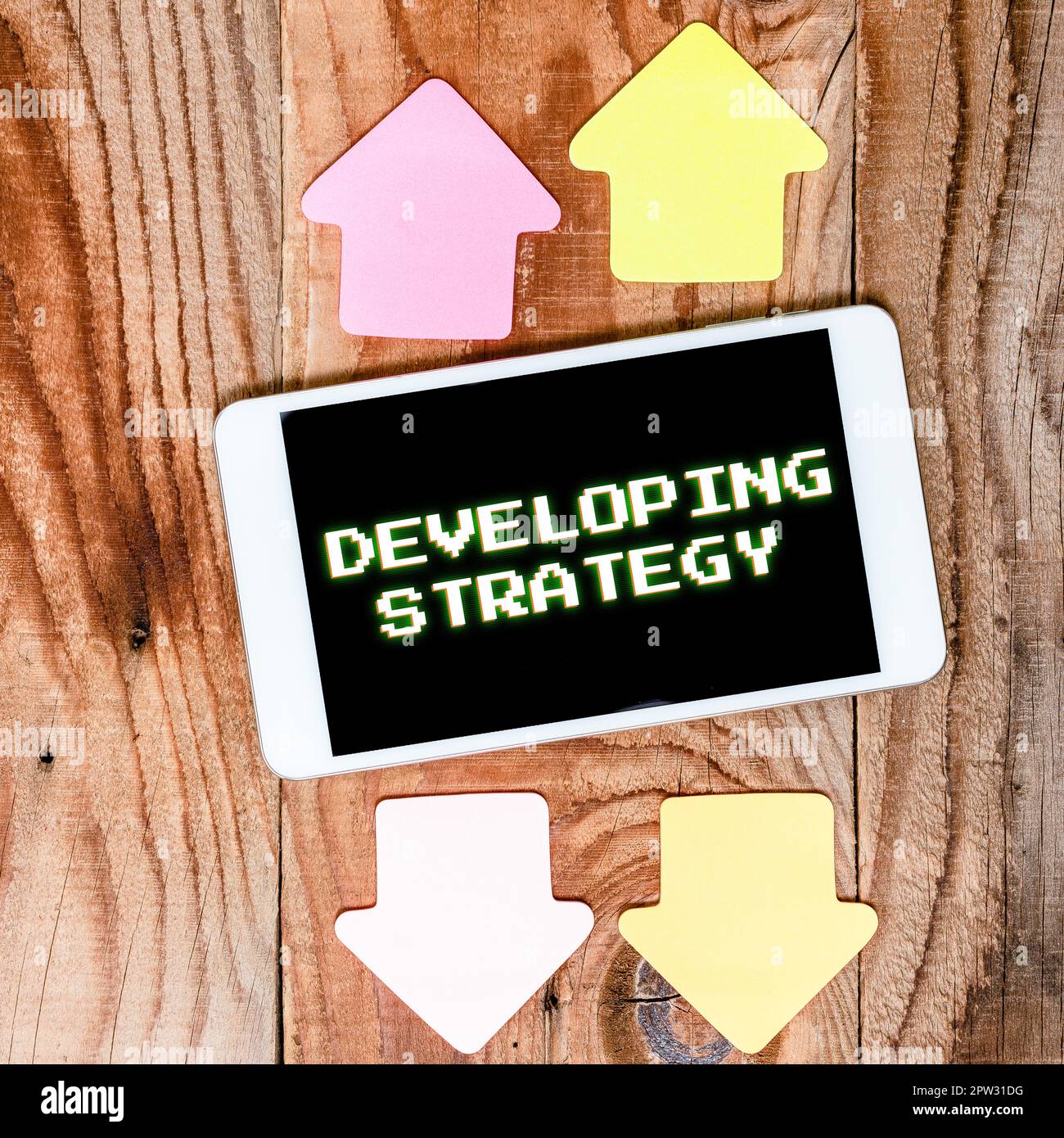 Conceptual display Developing Strategy, Word for Organizations Process Changes to reach Objectives Stock Photo