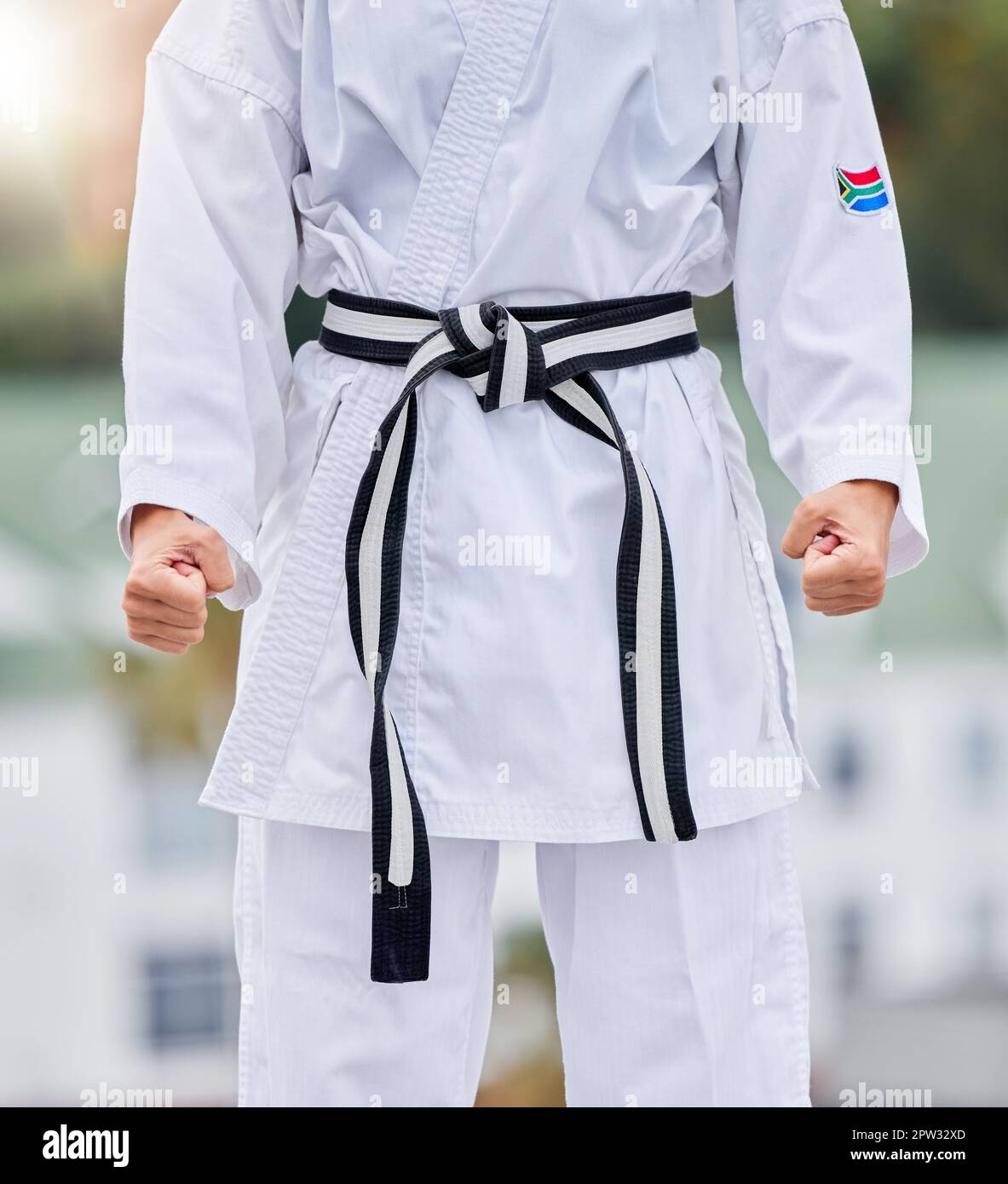 Karate, fitness and body of woman in martial arts training for