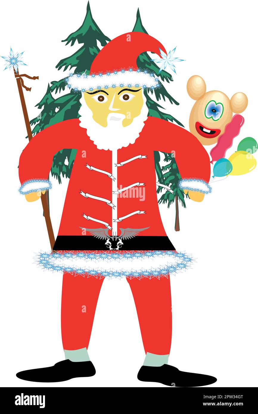 Christmas Santa Claus with balls and staff and pine trees in the