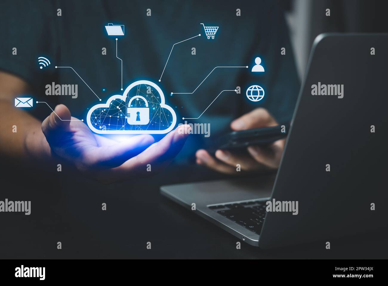 Cloud technology management big data business strategy solution network technology online.Businessman working computer laptop. Stock Photo