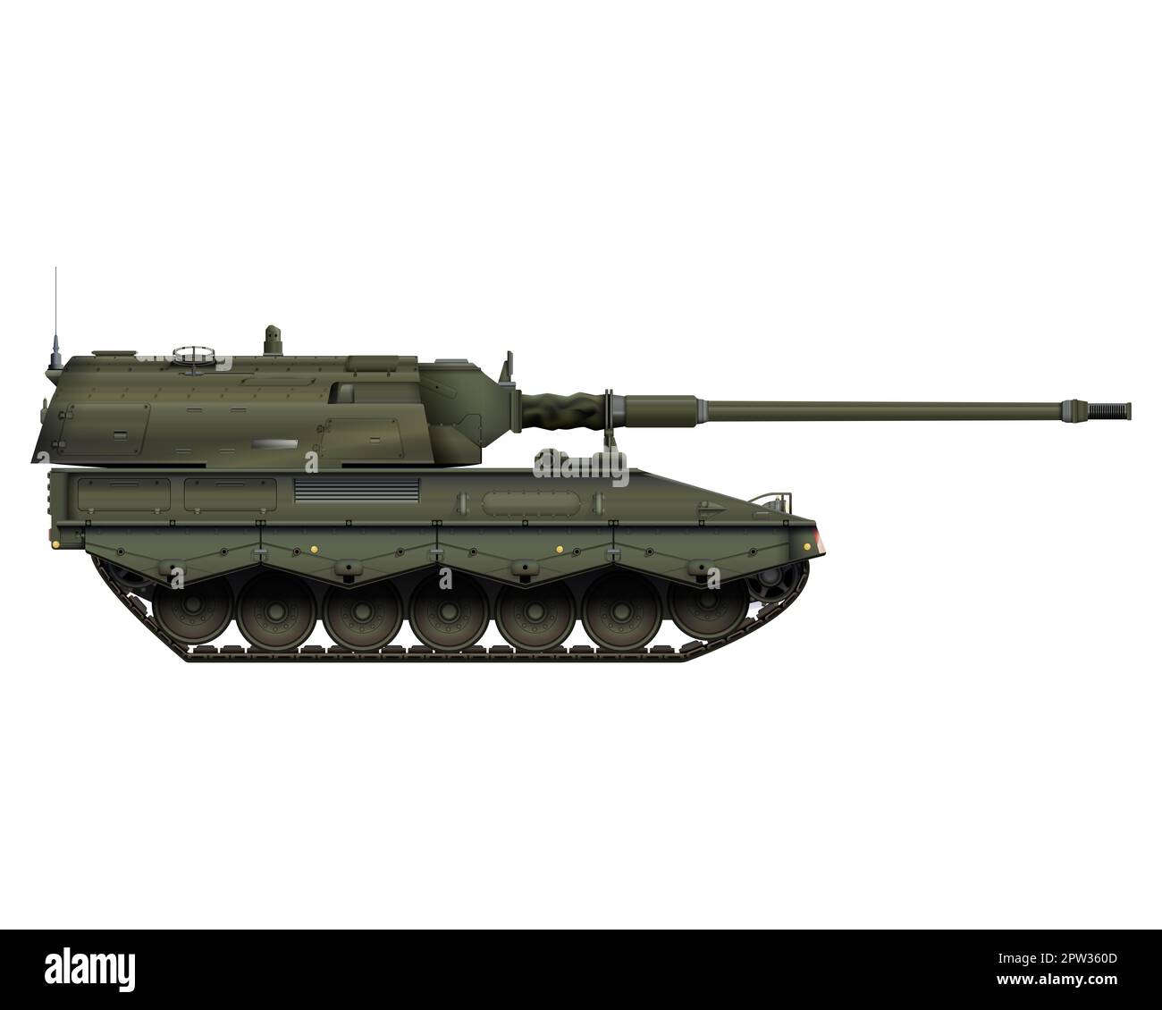 Self-propelled howitzer in realistic style. German 155 mm Panzerhaubitze 2000. Military armored vehicle. Detailed colorful illustration isolated on wh Stock Photo