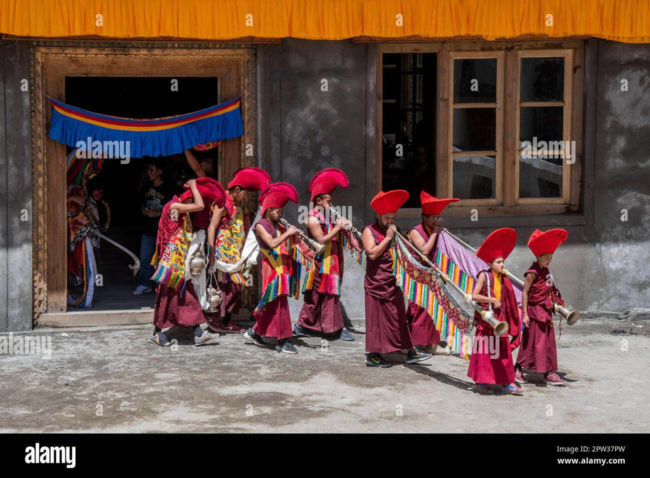 Monks play instruments during the Phyang Monastery Festival in Ladakh, India Stock Photo