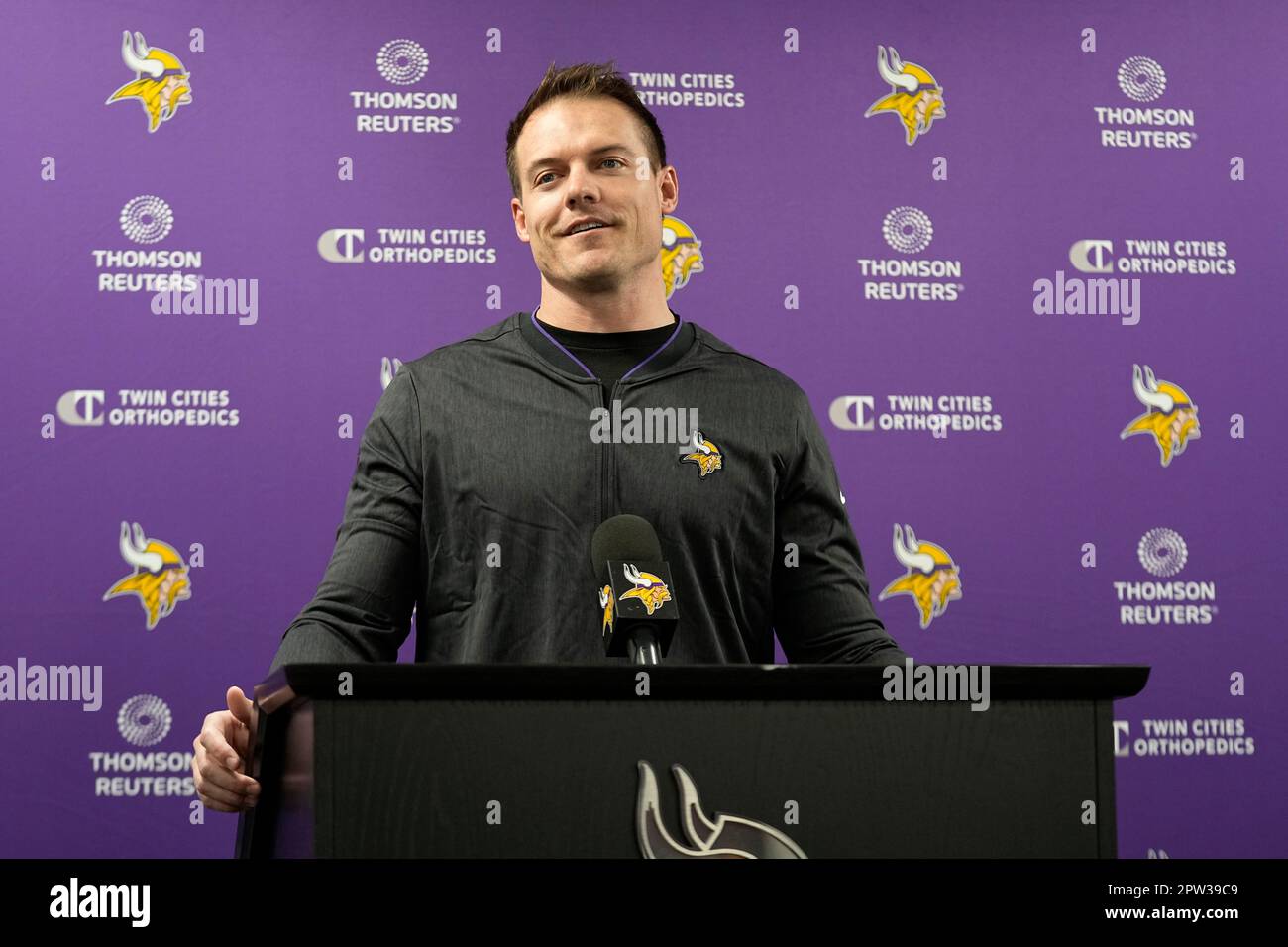 Minnesota Vikings head coach Kevin O'Connell speaks to speaks to the