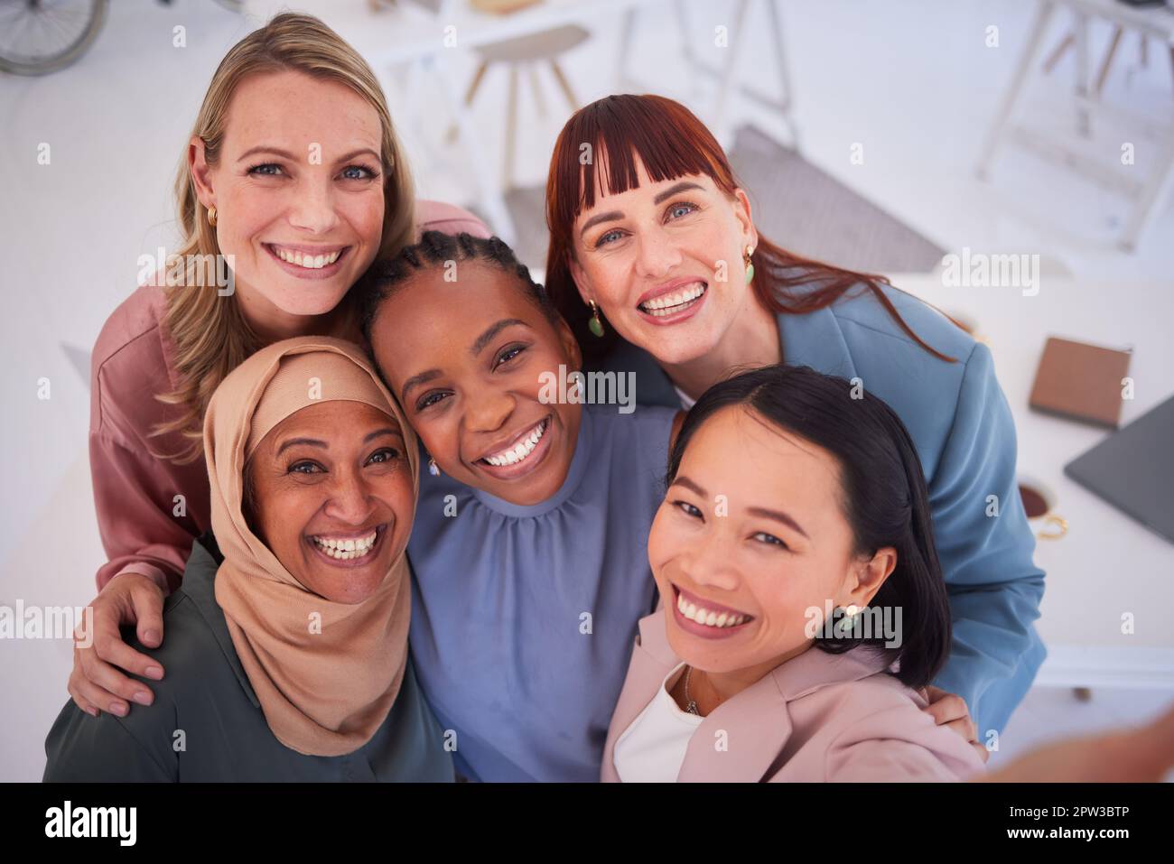 Creative business people, diversity and smile for selfie, meeting or ...