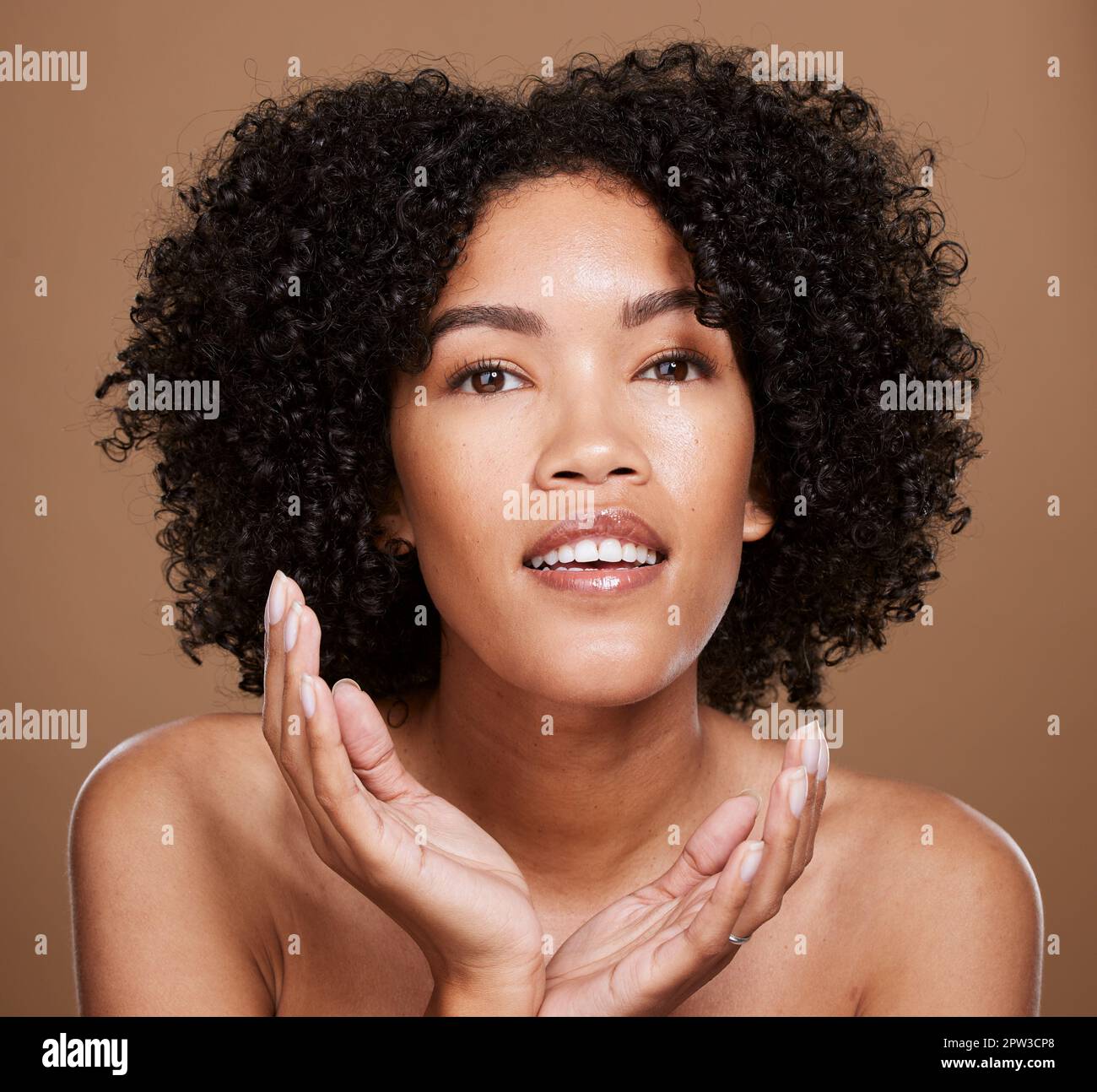 Face, beauty and black woman skincare, hair care and afro with makeup