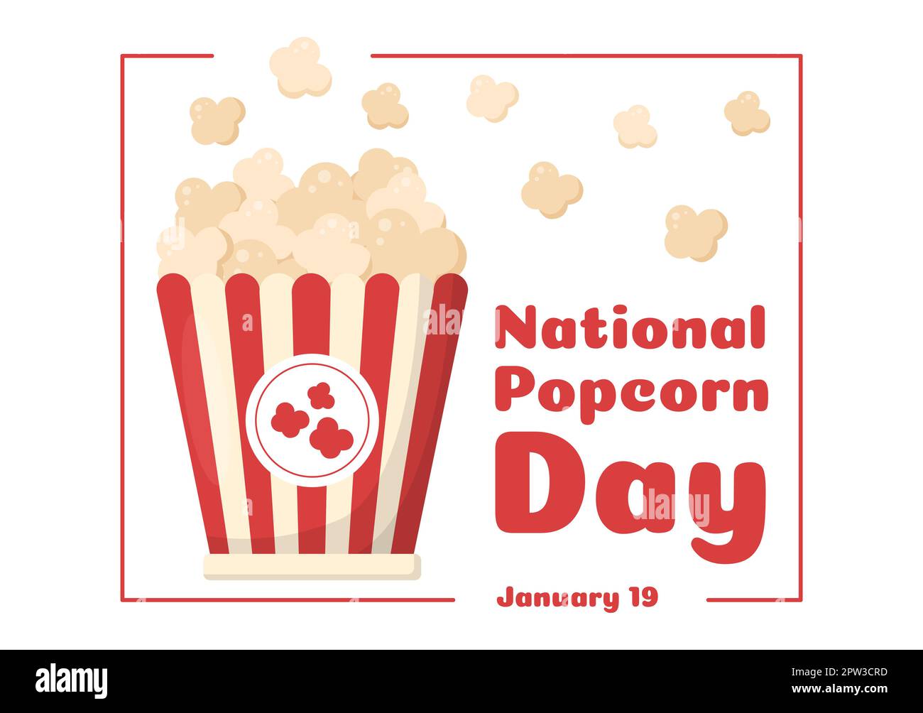 National Popcorn Day on January 19th with a Big Box of Red and White Stripe in Flat Cartoon