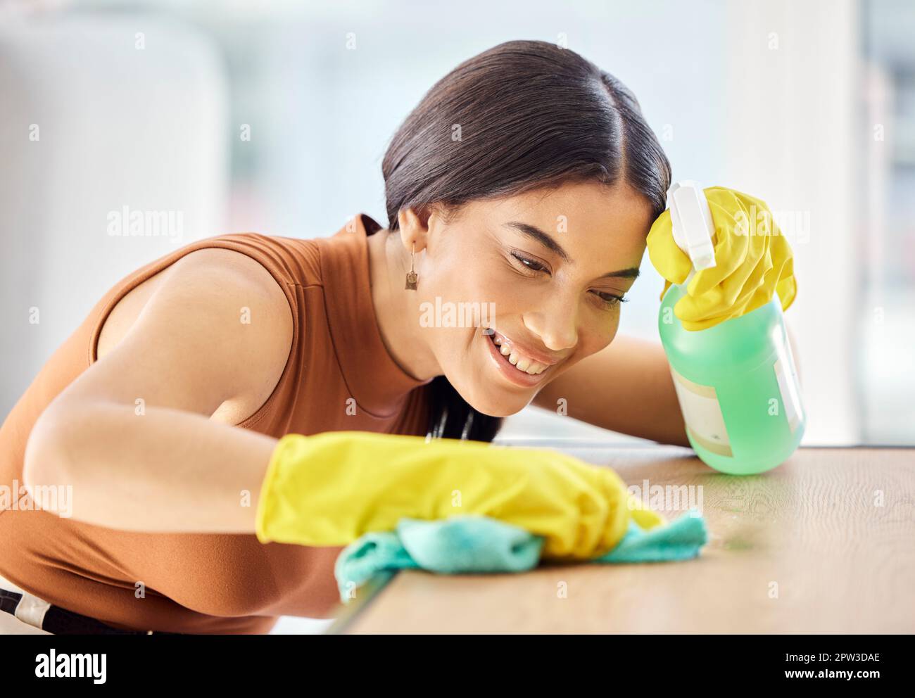 Cleaning, bottle and black woman spray table, desk or furniture