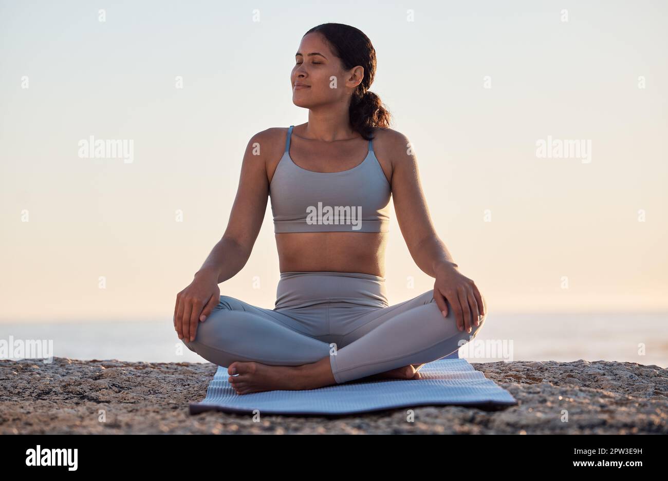 Meditation, gen z woman and beach yoga, calm balance and spiritual