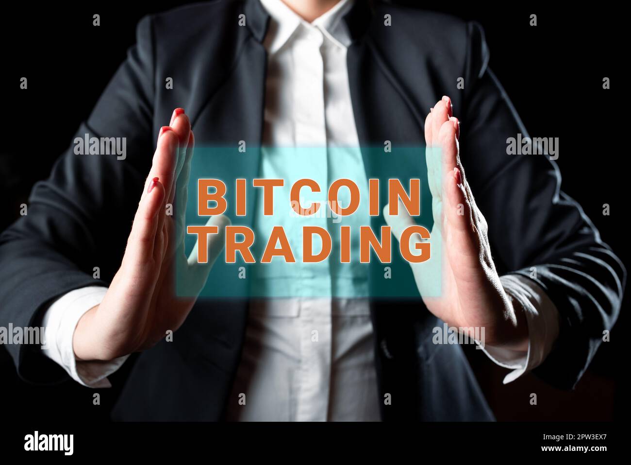 Text caption presenting Bitcoin Trading, Word for buying and selling of cryptocurrency in stocks market Stock Photo