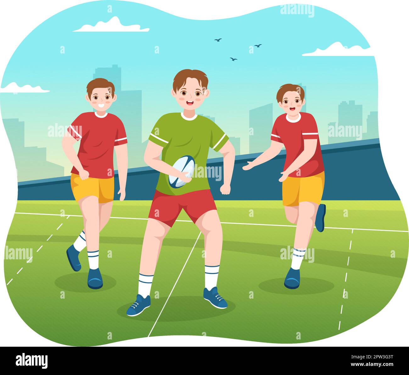 Rugby Player Running Illustration with a Ball in Championship Sport for Web Banner or Landing Page in Flat Cartoon Hand Drawn Templates Stock Vector