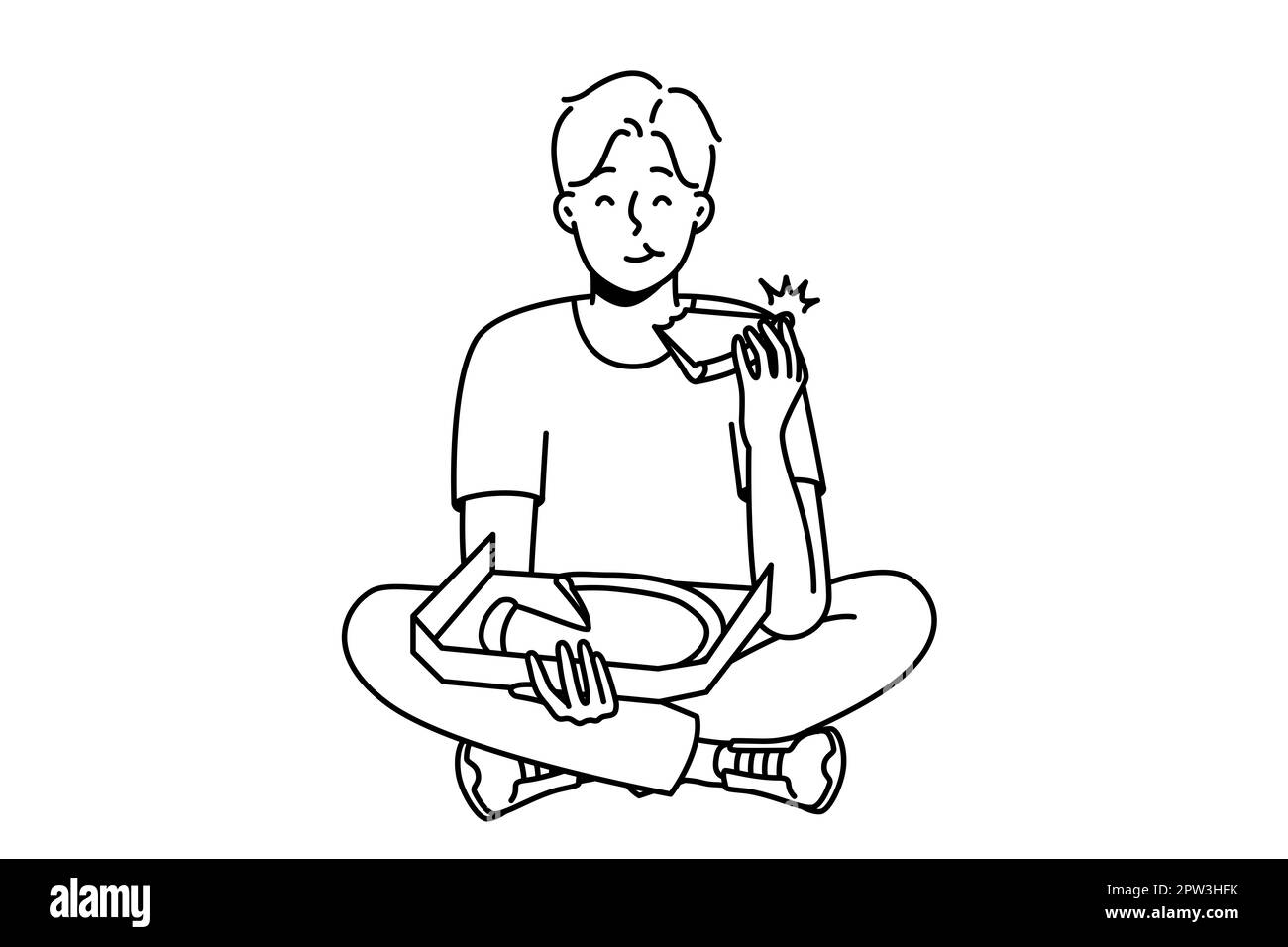 Smiling young man eating delicious pizza. Happy guy enjoy tasty Italian