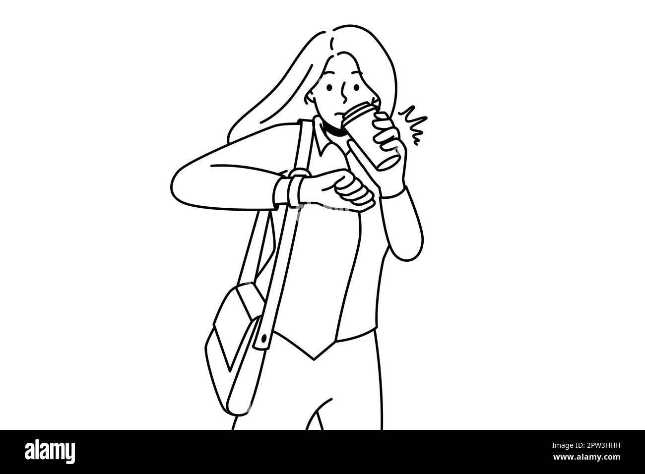 Young woman drink coffee from takeaway cup look at wristwatch worried