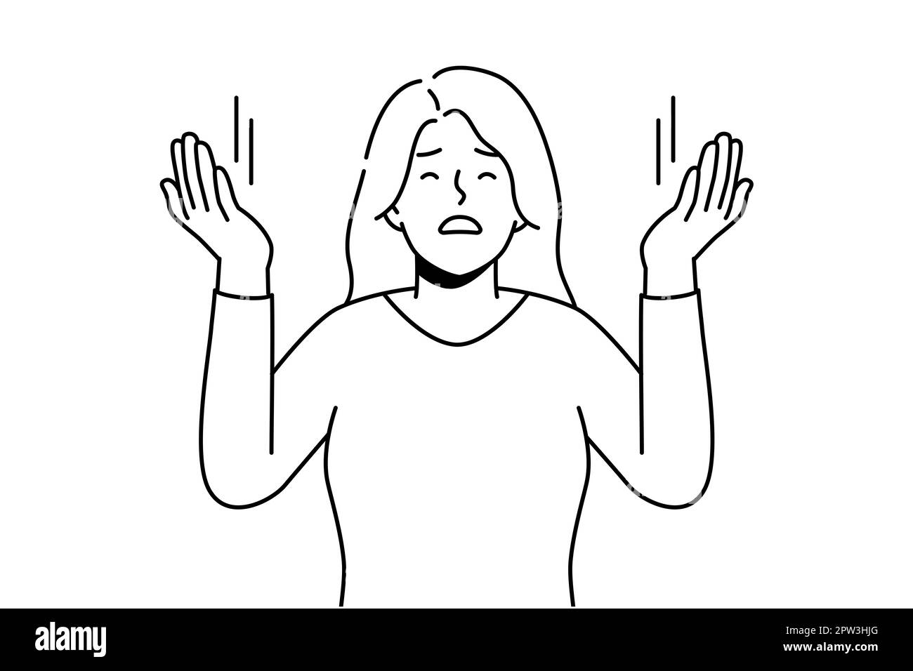 Young woman with hands raised up praying. Religious spiritual female ask for Faith