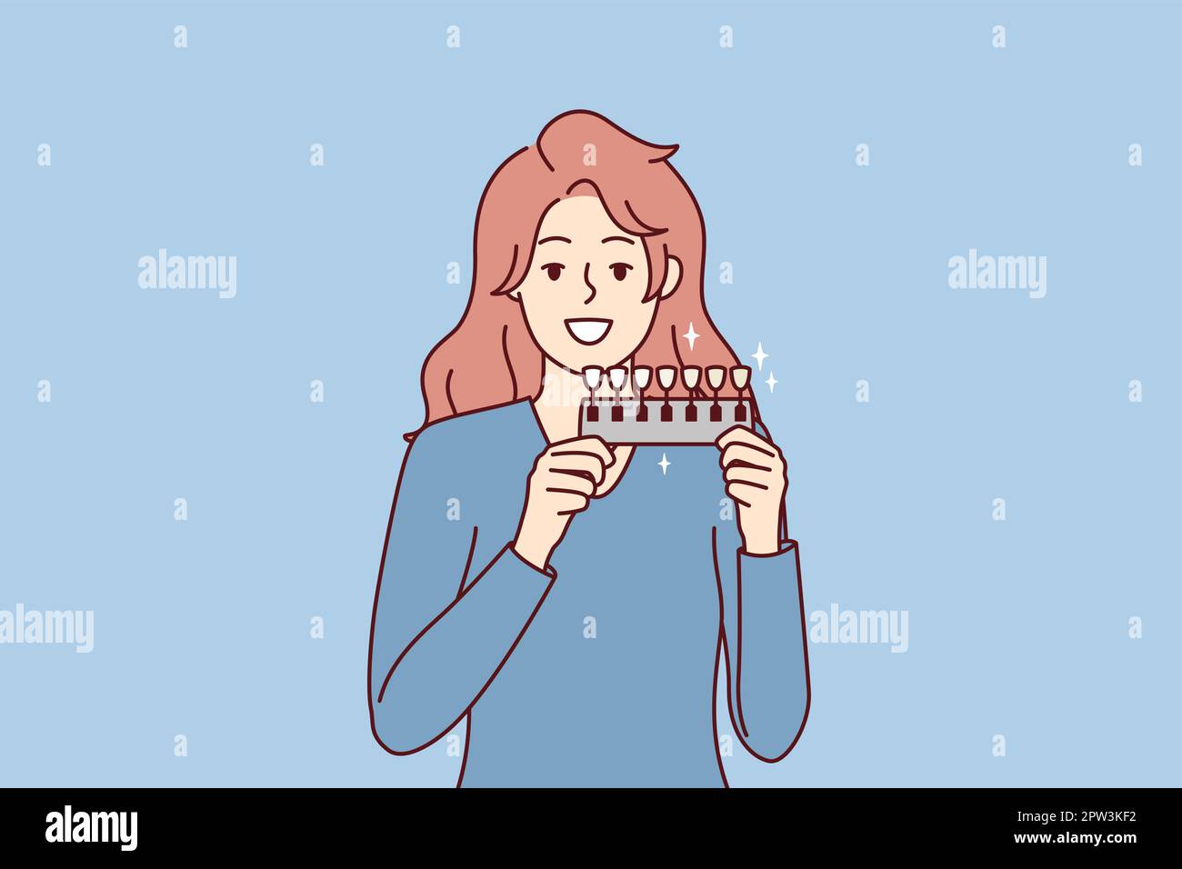 Woman holds device to determine shade of teeth passes test for quality