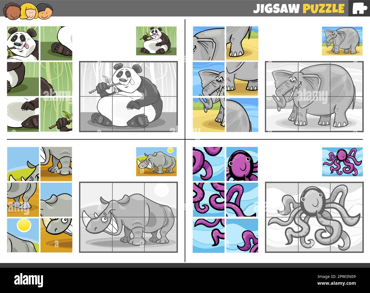 jigsaw puzzle game set with cartoon animals Stock Vector Image & Art ...