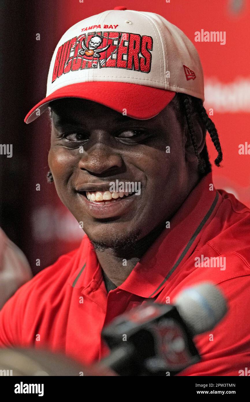 Tampa Bay Buccaneers first-round draft pick Calijah Kancey smiles during an  NFL football news conference Friday, April 28, 2023, in Tampa, Fla. Kancey  played college football at Pittsburgh. (AP Photo/Chris O'Meara Stock
