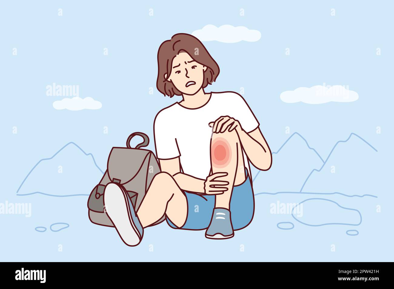 Weakened woman sits on ground with fear looks at wound on leg after fall during walk. Vector image Stock Vector