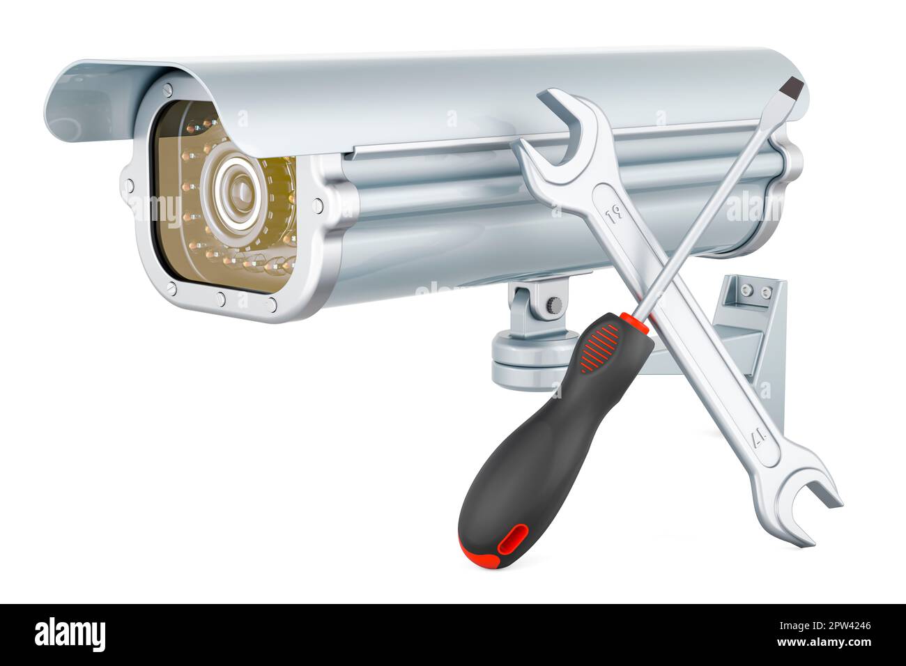 Security surveillance camera with screwdriver and wrench. 3D rendering isolated on white