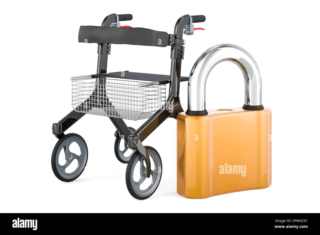 Rollator for elderly with padlock, 3D rendering isolated on white background Stock Photo