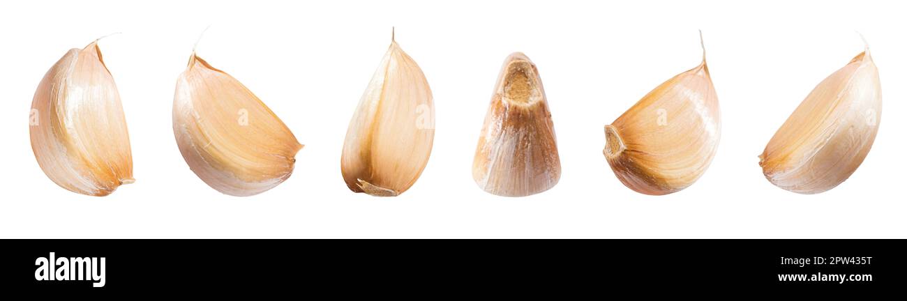 Falling peeled garlic cloves isolated on white background with clipping ...