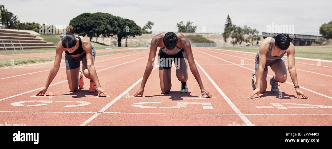 Race track, start and sports people at stadium for marathon competition