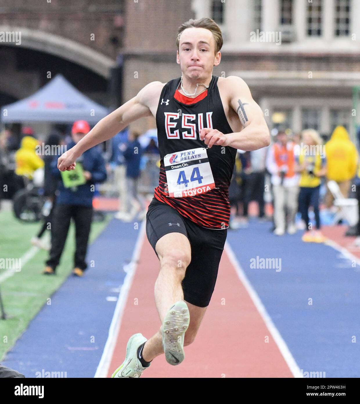 Philadelphia, Pennsylvania, USA. 28th Apr, 2023. April 28, 2023, Philadelphia PA- East Stroudsburg University long jumper, JACK GORHAM, in action during the Penn Relays at Franklin Field in Philadelphia PA (Credit Image: © Ricky Fitchett/ZUMA Press Wire) EDITORIAL USAGE ONLY! Not for Commercial USAGE! Credit: ZUMA Press, Inc./Alamy Live News Stock Photo