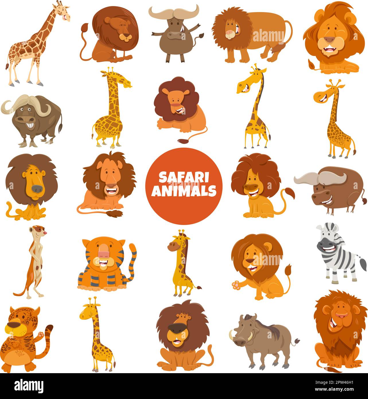 cartoon Safari animal characters big set Stock Vector