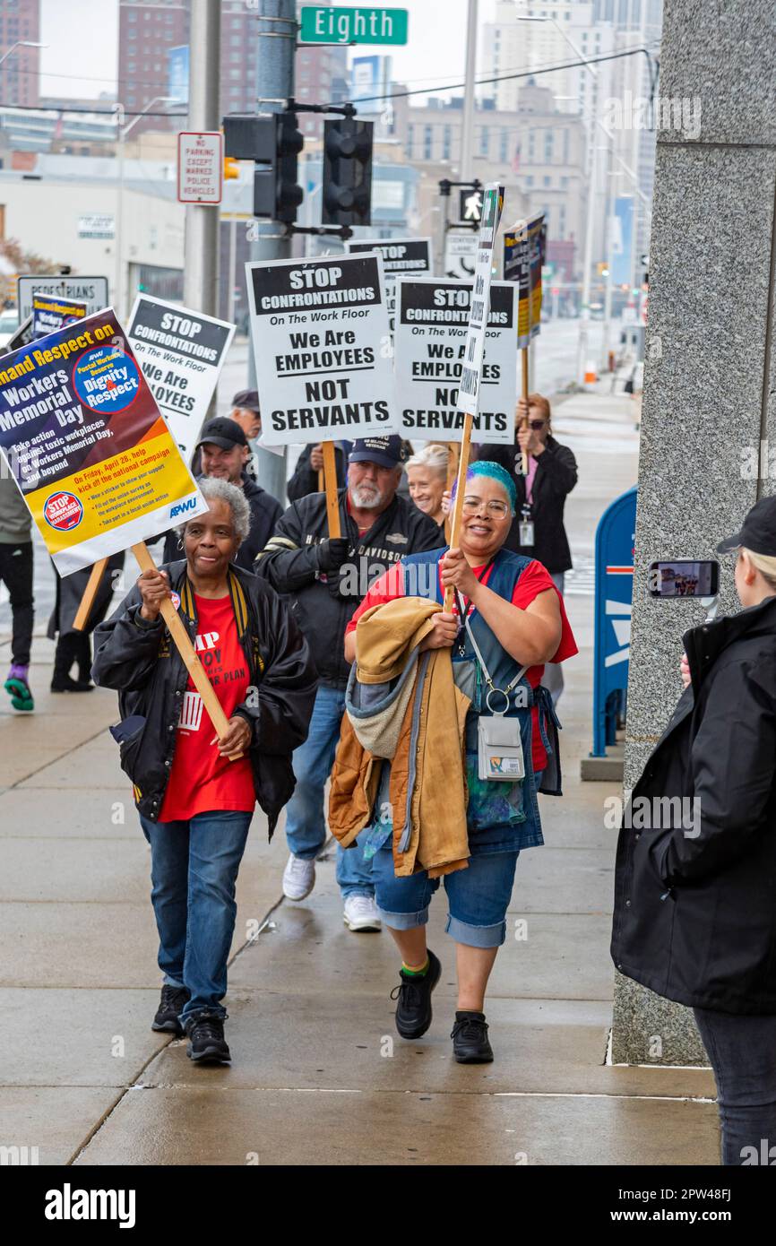 Detroit, Michigan, USA. 28th Apr, 2023. On Workers Memorial Day, postal workers and supporters rallied at Detroit's main post office (and in other cities) to protest worsening working conditions. They say the lack of sufficient staff has led to a hostile work environment and poor service to the public. Credit: Jim West/Alamy Live News Stock Photo