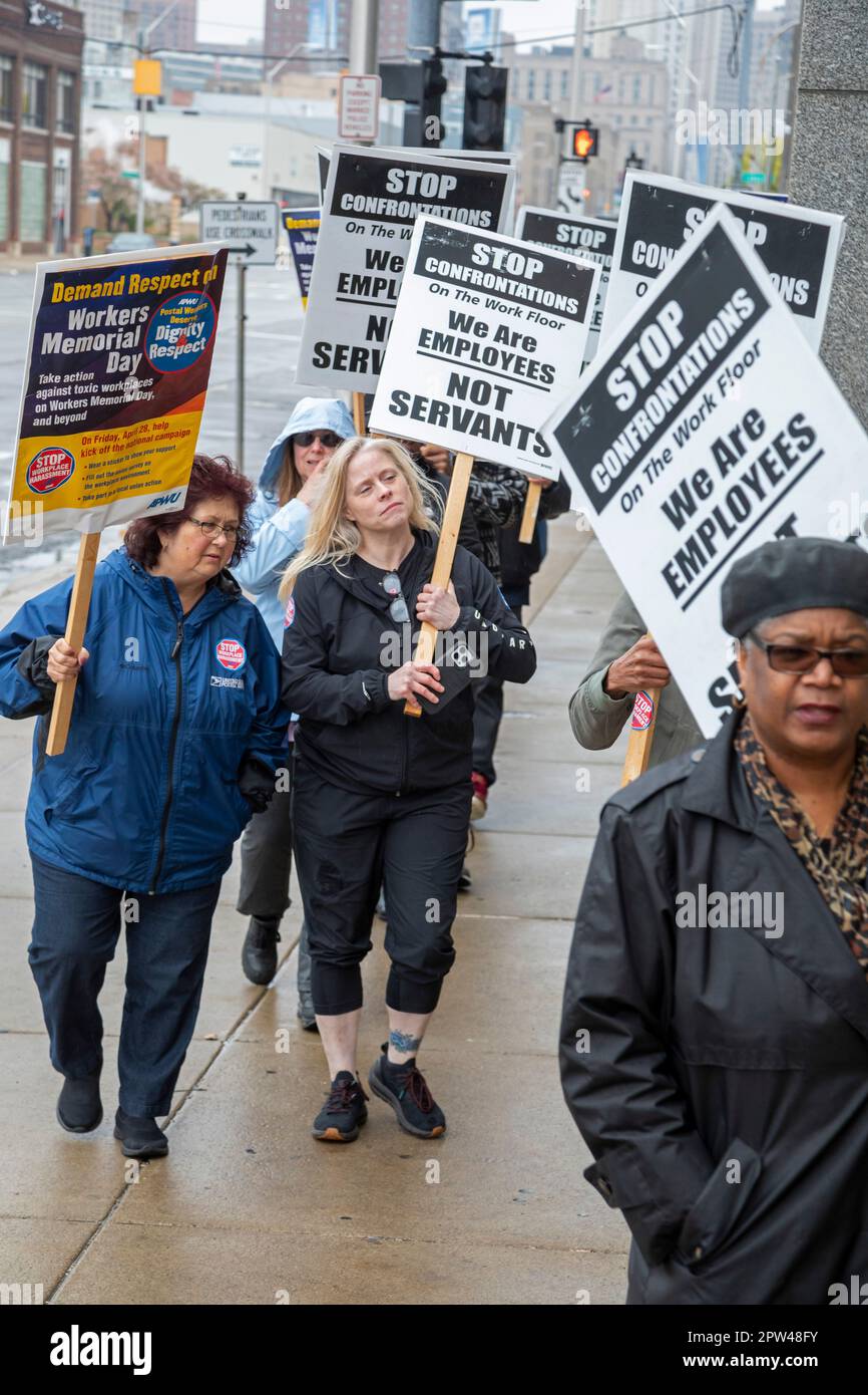 Detroit, Michigan, USA. 28th Apr, 2023. On Workers Memorial Day, postal workers and supporters rallied at Detroit's main post office (and in other cities) to protest worsening working conditions. They say the lack of sufficient staff has led to a hostile work environment and poor service to the public. Credit: Jim West/Alamy Live News Stock Photo