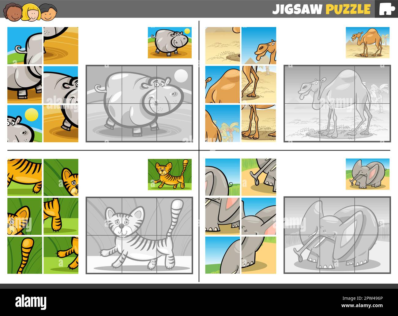 jigsaw puzzle game set with cartoon wild animals Stock Vector Image ...