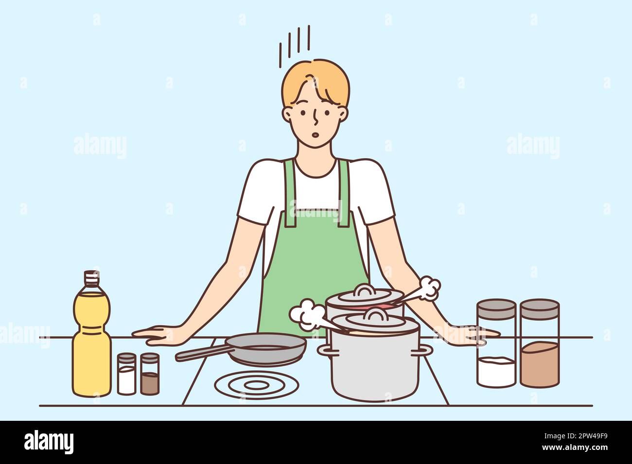 Confused man cook at home kitchen Stock Vector