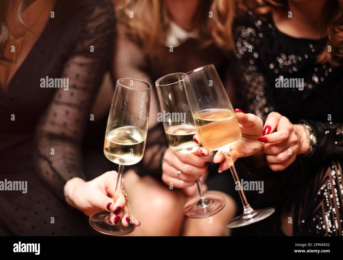 Unrecognizable girlfriends in elegant dresses clinking glasses of champagne and proposing toast during party Stock Photo