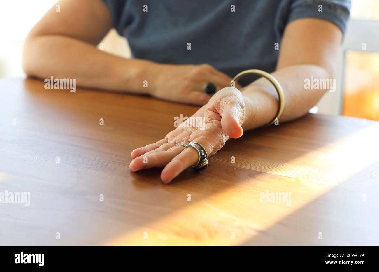 8-year-old girl, hands up showing her palms Stock Photo - Alamy