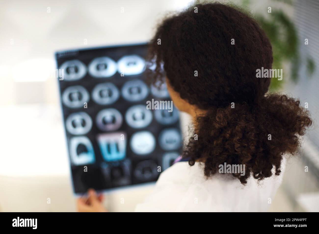 Rearview of ethnic female doctor analyzing X-ray or MRI scan while working in hospital, selective focus. Physician looking at CT screening, using Stock Photo