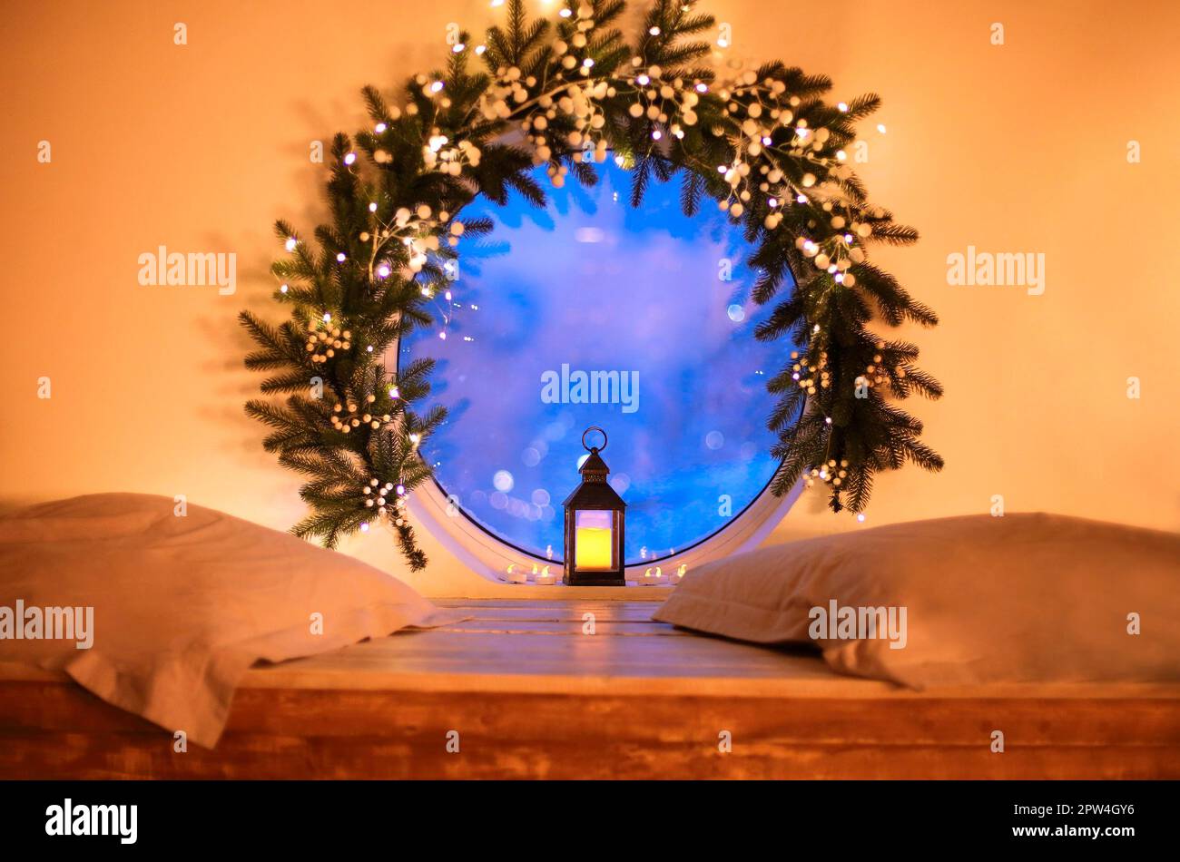 Christmas home decor. Atmospheric indoor photo with old vintage glowing