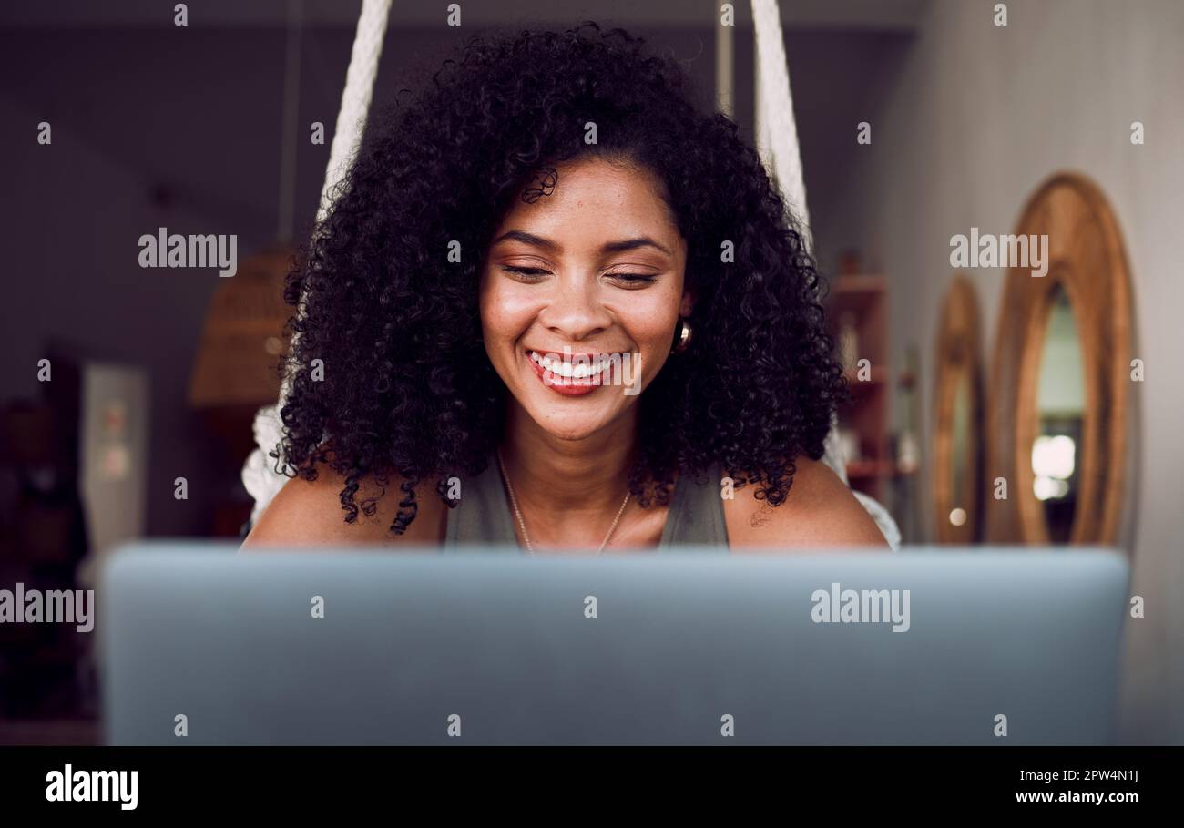 Coffee shop, working and face of black woman with laptop smiling, happy and excited to start project. Entrepreneur, freelancer and businesswoman typin Stock Photo