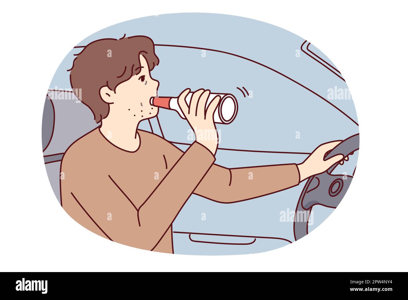 Irresponsible man drinks alcohol from bottle driving car risking lives