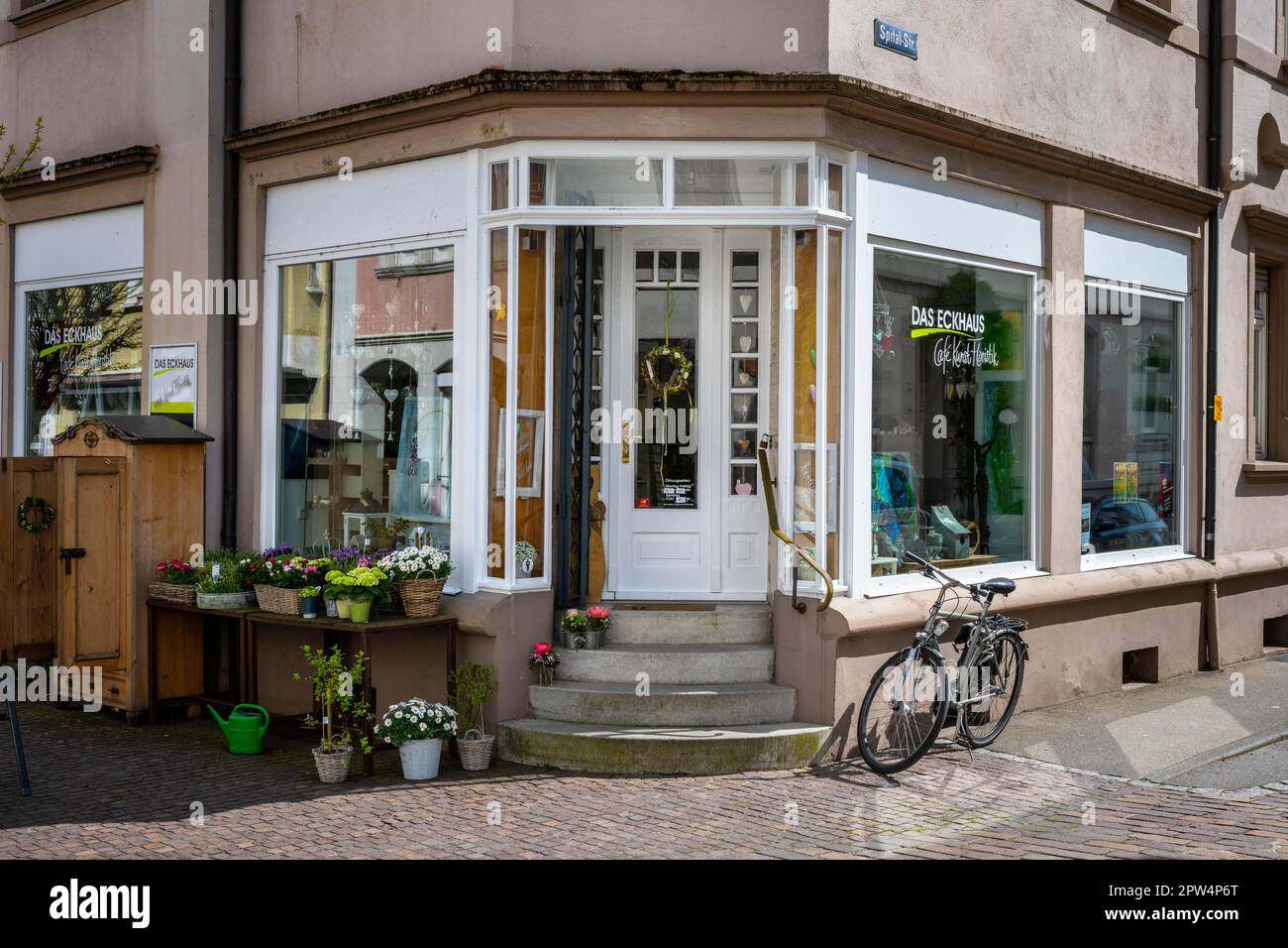 Art and floristry shop with cafe in the old town of Radolfzell am Lake Constance, Konstanz district, Baden-Wuerttemberg, Germany Stock Photo