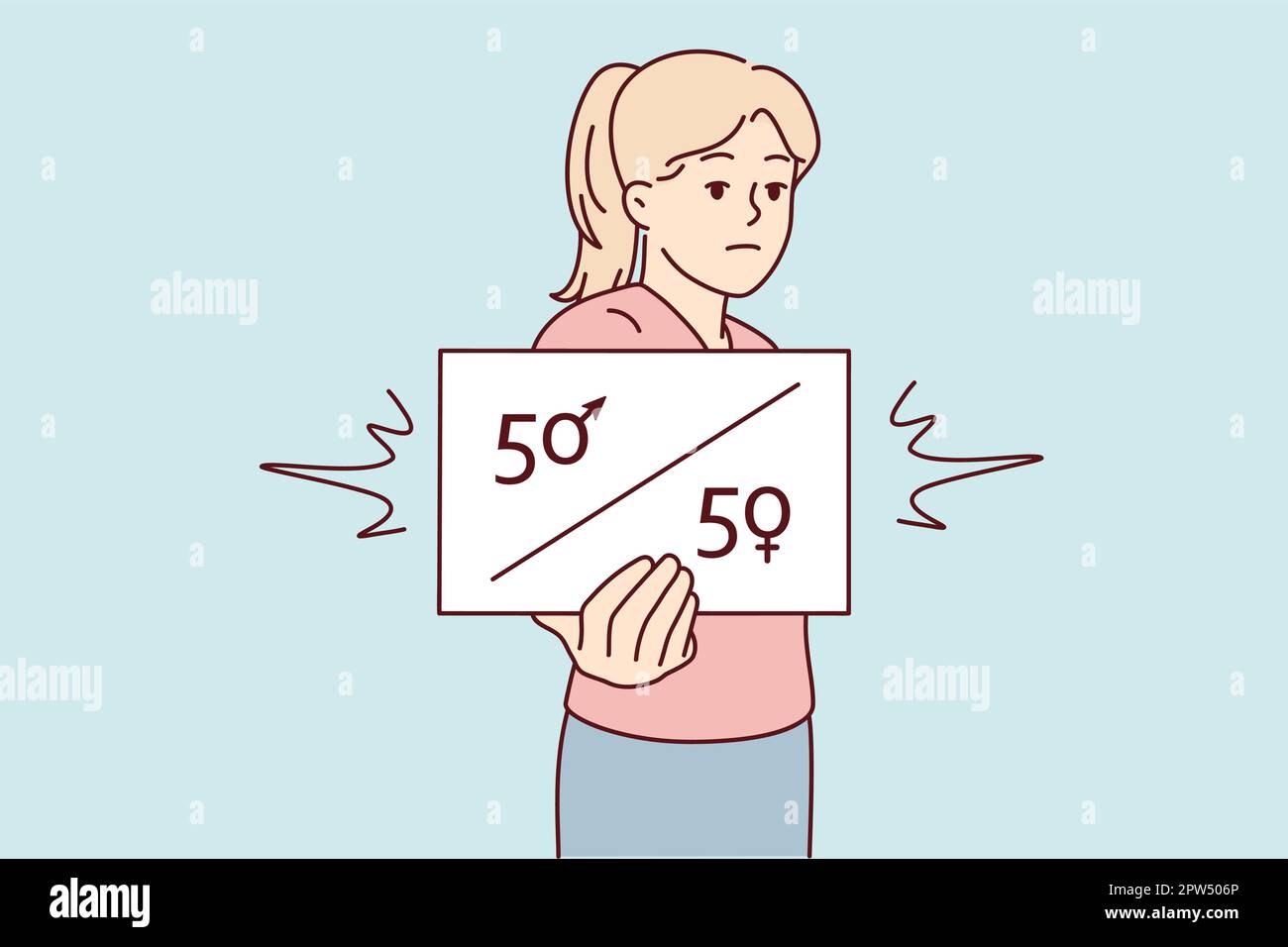 Disgruntled girl shows sign calling for equal number of men and women in companies. Vector image Stock Vector