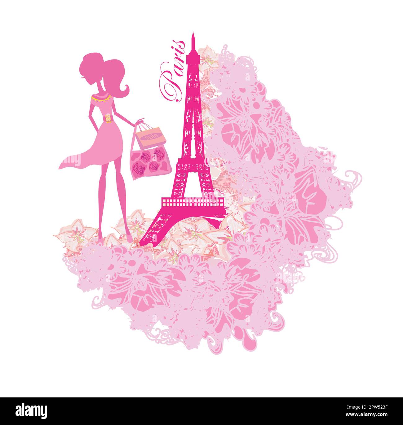 Women Shopping in Paris - decorative floral banner Stock Vector