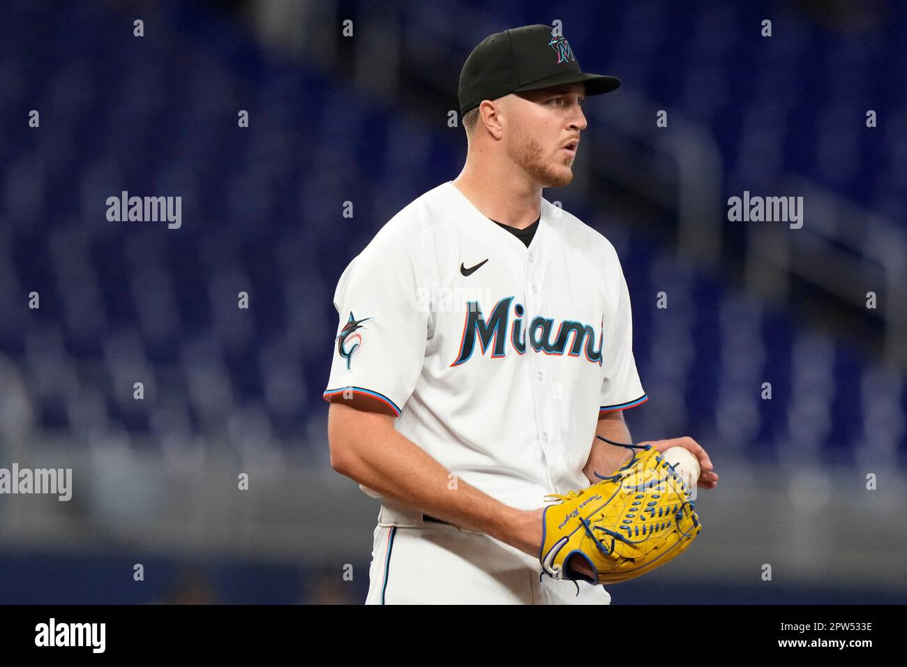 Miami Marlins starting pitcher Trevor Rogers stands on the mound during