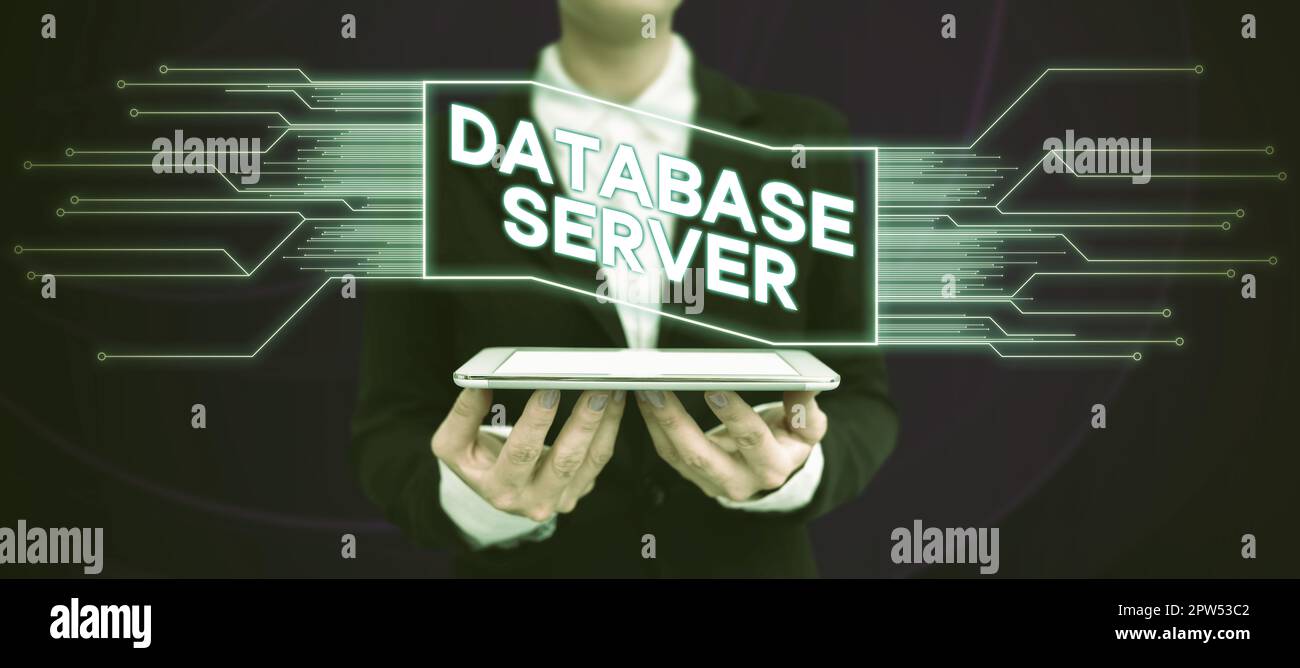 Conceptual caption Database Server, Word for uses a database application that provides database services Stock Photo