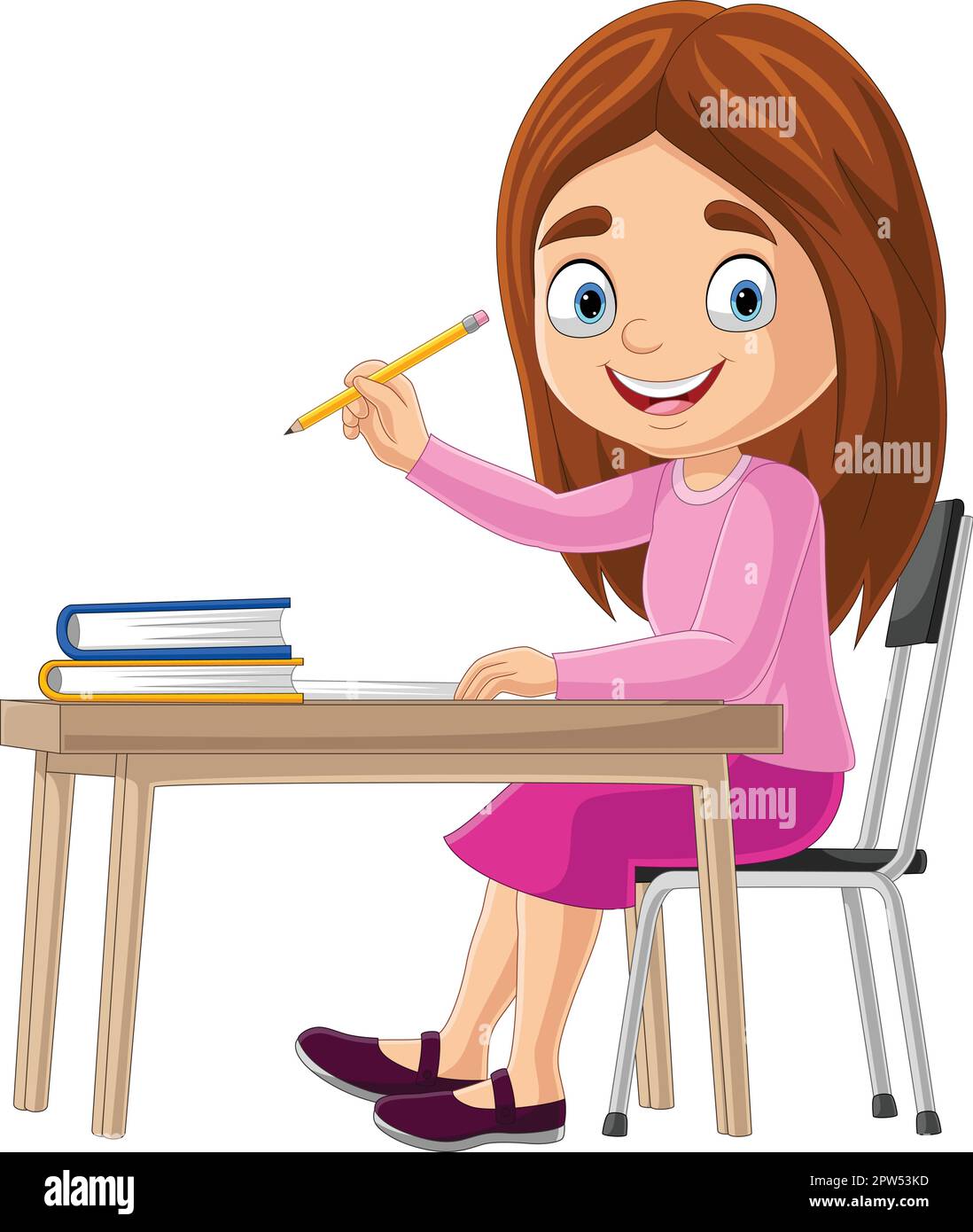 Cartoon little girl studying on the desk Stock Vector Image & Art - Alamy