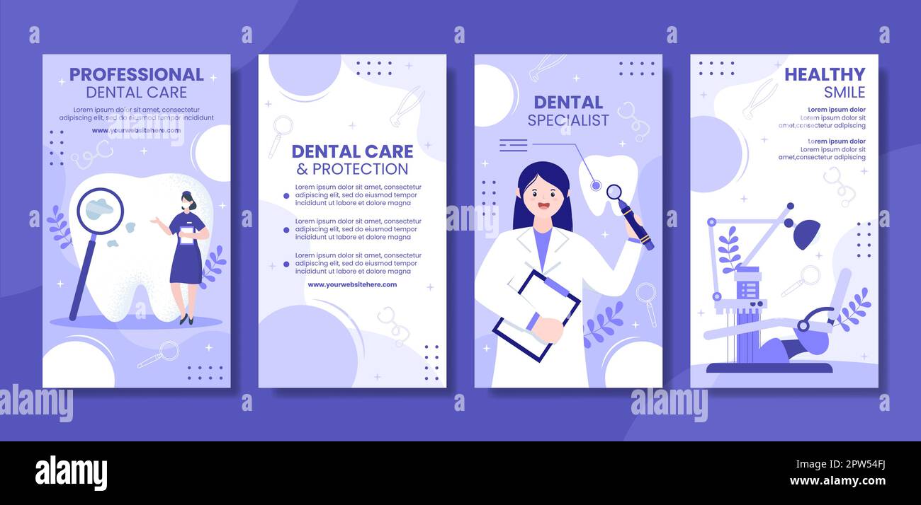 Dental Care and Clinic Social Media Stories Flat Cartoon Hand Drawn Templates Illustration Stock Vector
