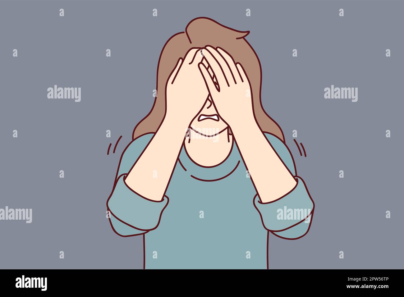 Depressed woman covers eyes with hands when she cries or sees something scary. Vector image Stock Vector