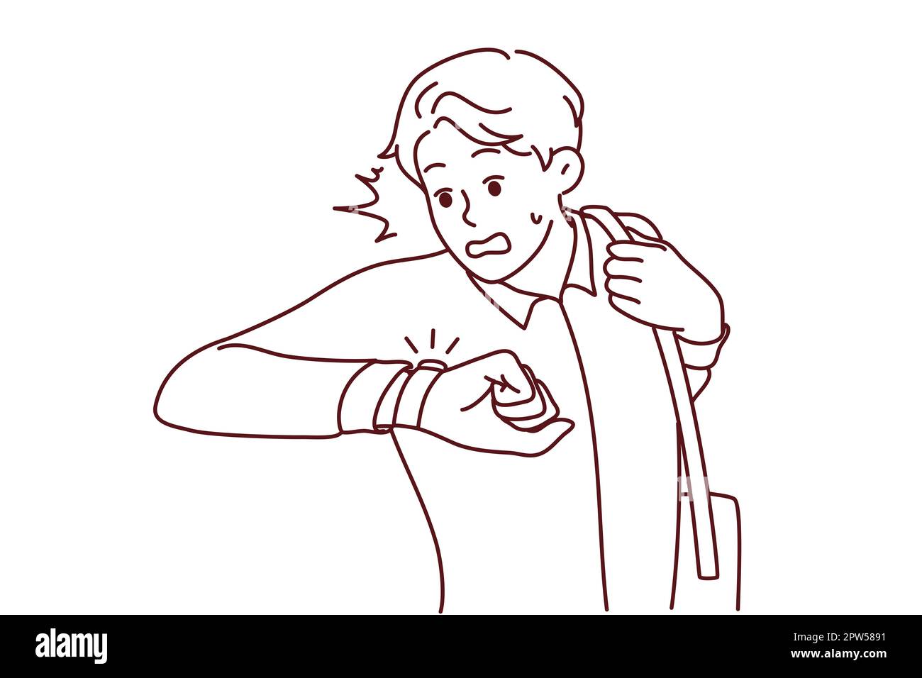 Stressed man look at wristwatch being late for work. Unhappy guy check