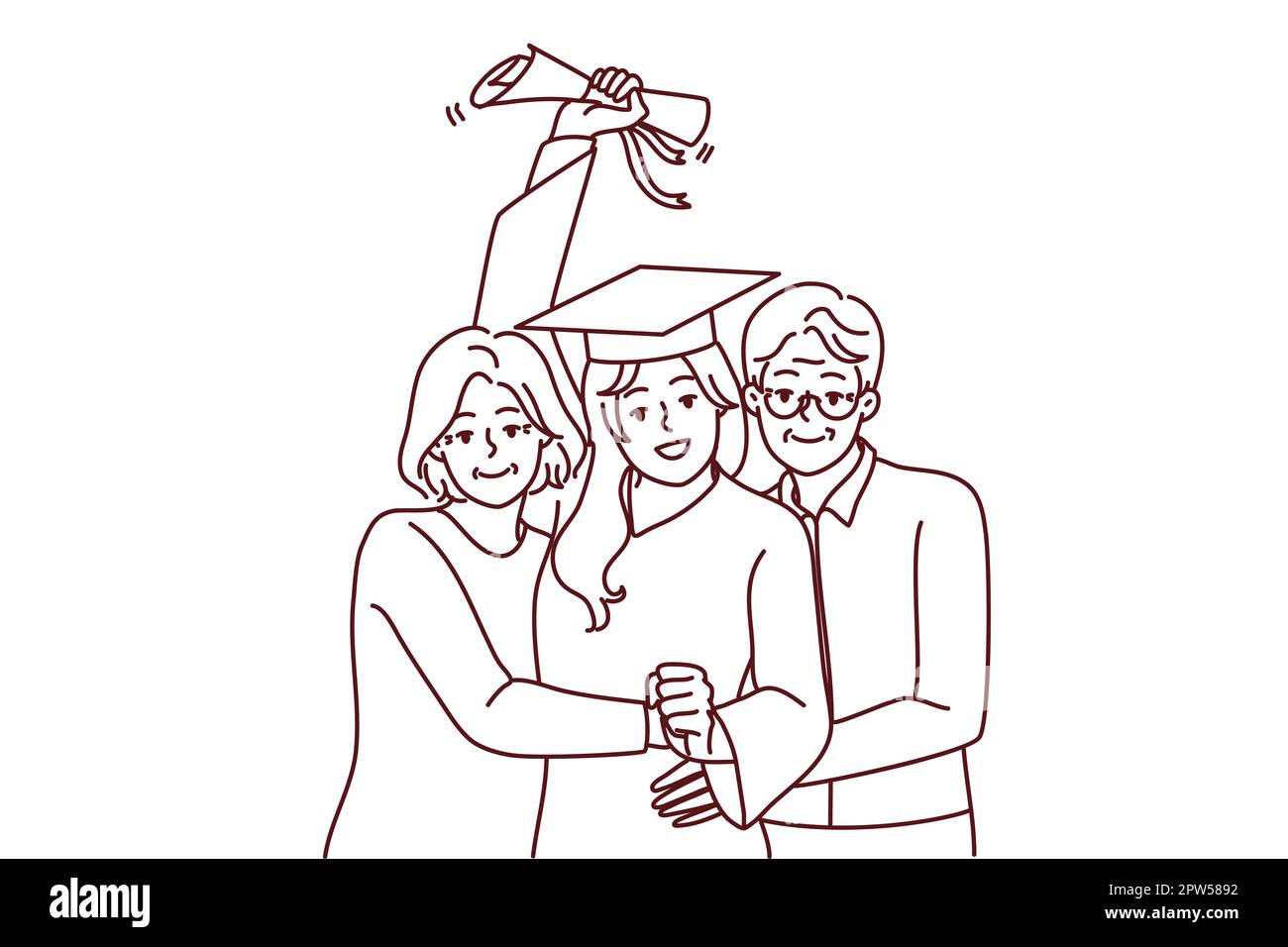 Happy elderly parents hug excited daughter in graduation mantle holding diploma. Smiling mature mom and dad embrace happy girl graduate from universit Stock Photo