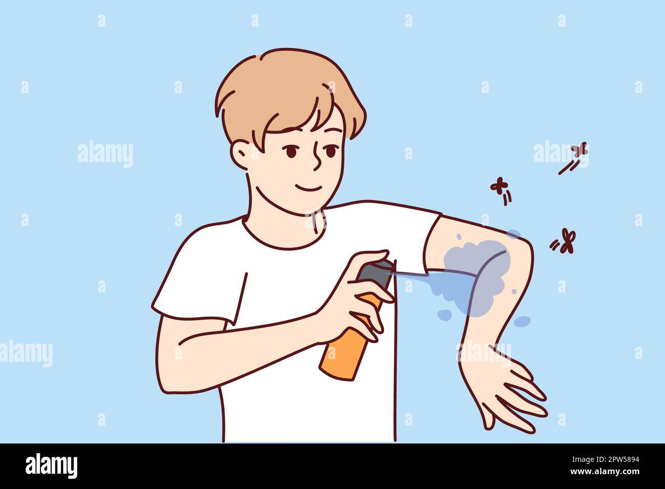 Smiling man applying antimosquito spray on arms. Guy use insect repellent keep bugs away